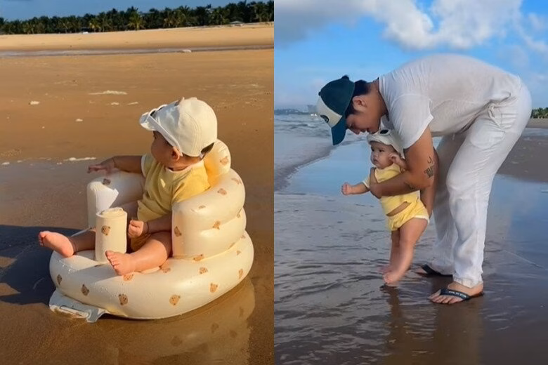 Bé Gạo được bố mẹ cho ra biển để làm quen với thiên nhiên.