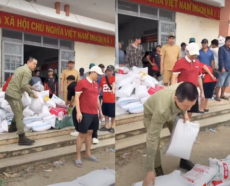 Tuấn Hưng cùng các thành viên trong nhà hì hục tát nước do trời đổ mưa to.